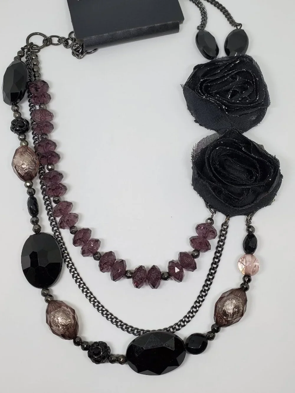 Black Organza Flower Purple Beaded Statement Triple Strand Statement Necklace